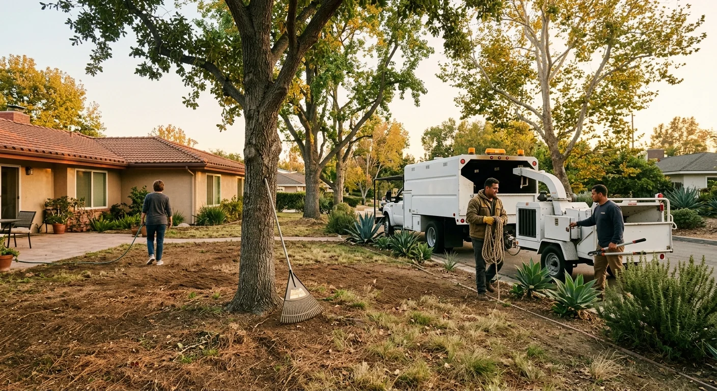 Clean restored backyard after storm tree debris removal with tidy raked ground