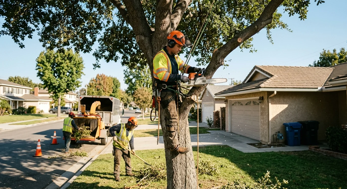 Tree crew removing storm-damaged limbs from a Glendale home