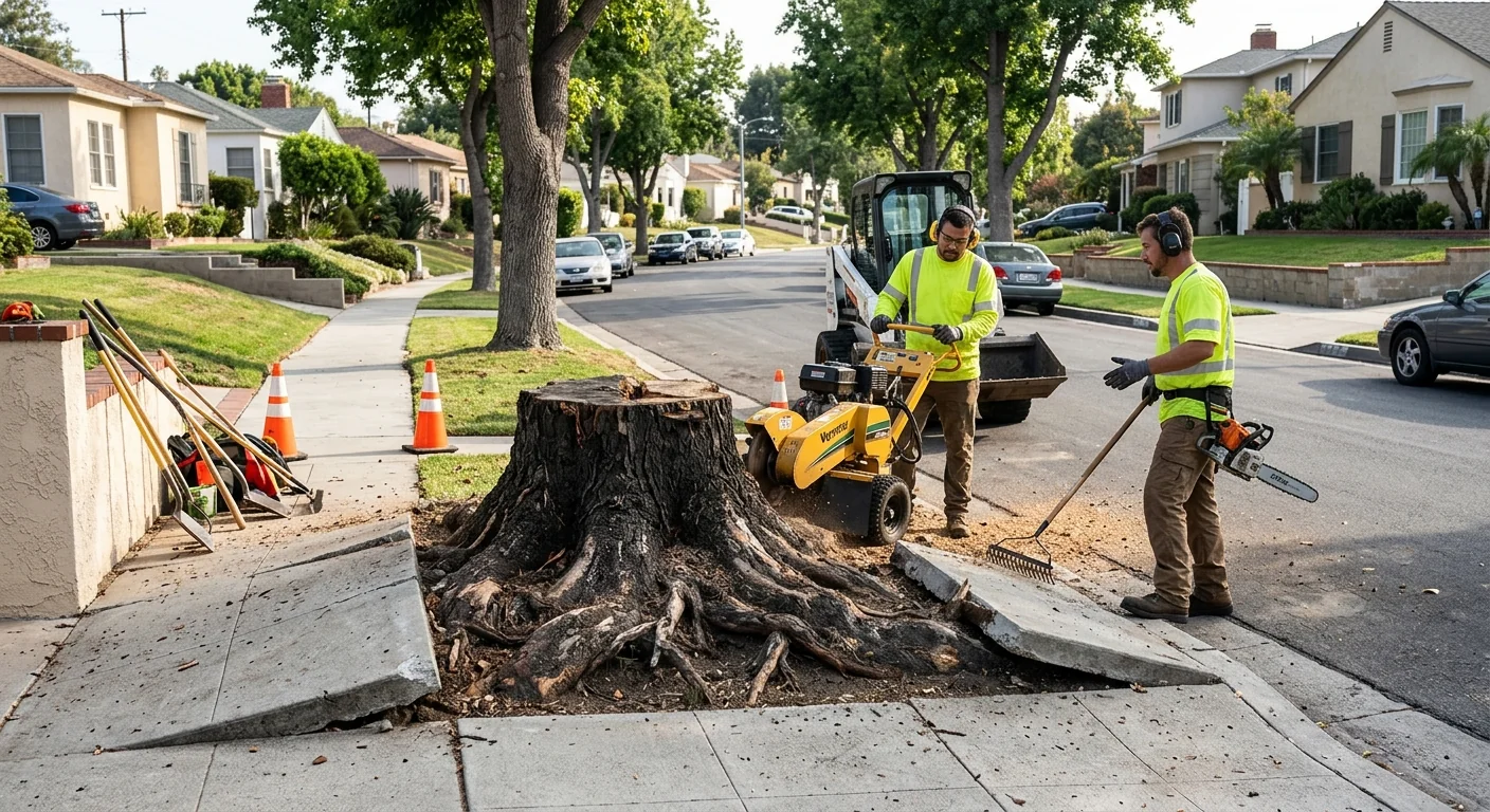 Decaying tree stump with surface roots lifting a Glendale walkway