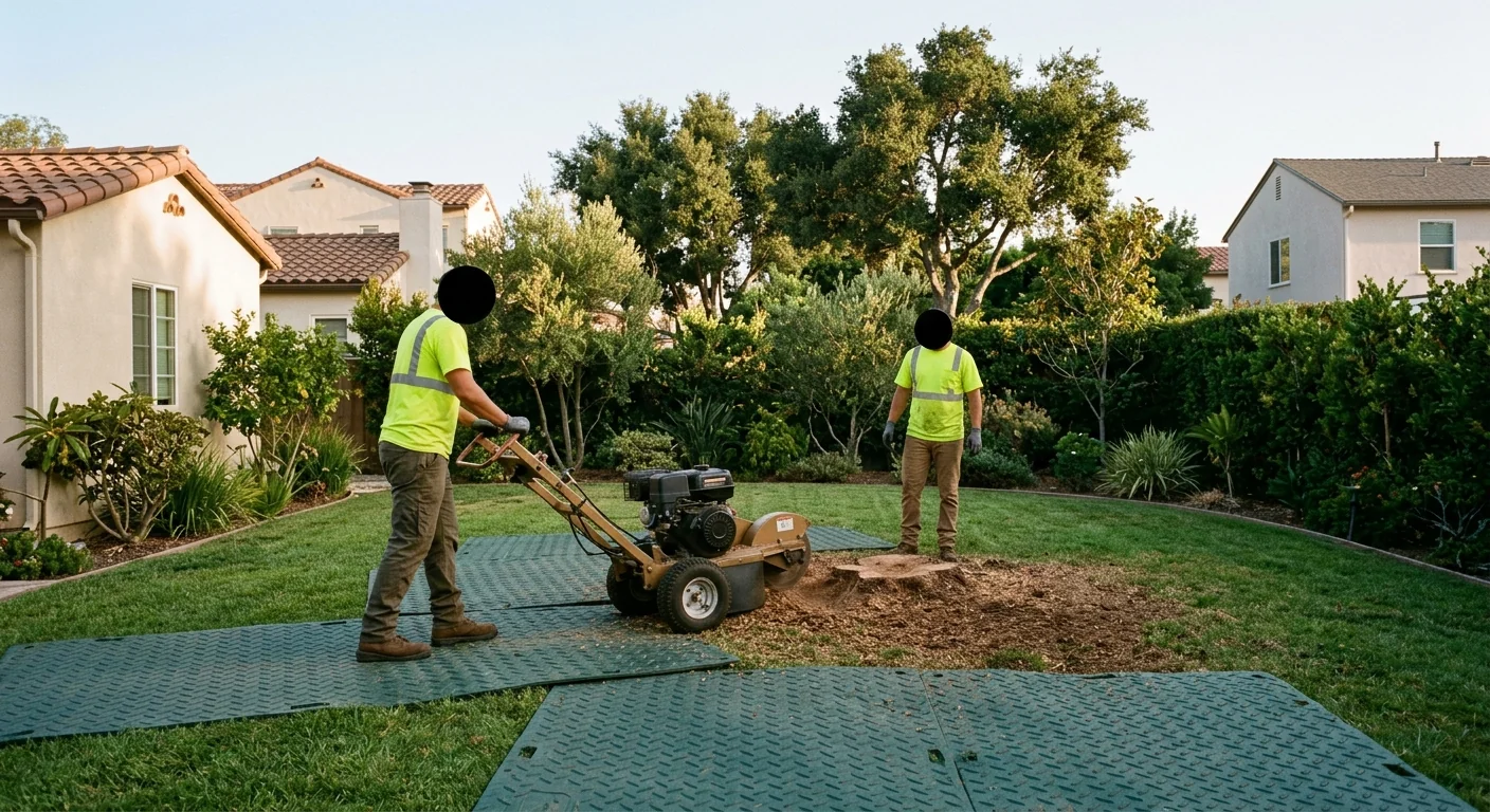 Freshly ground oak stump and grinder on protective mats in a residential backyard