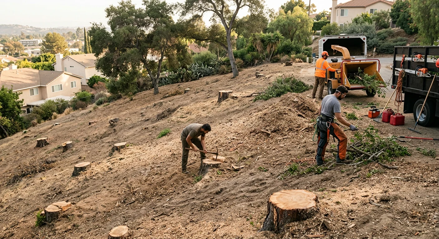 Cleared hillside lot in Glendale with several ground stumps and spread mulch