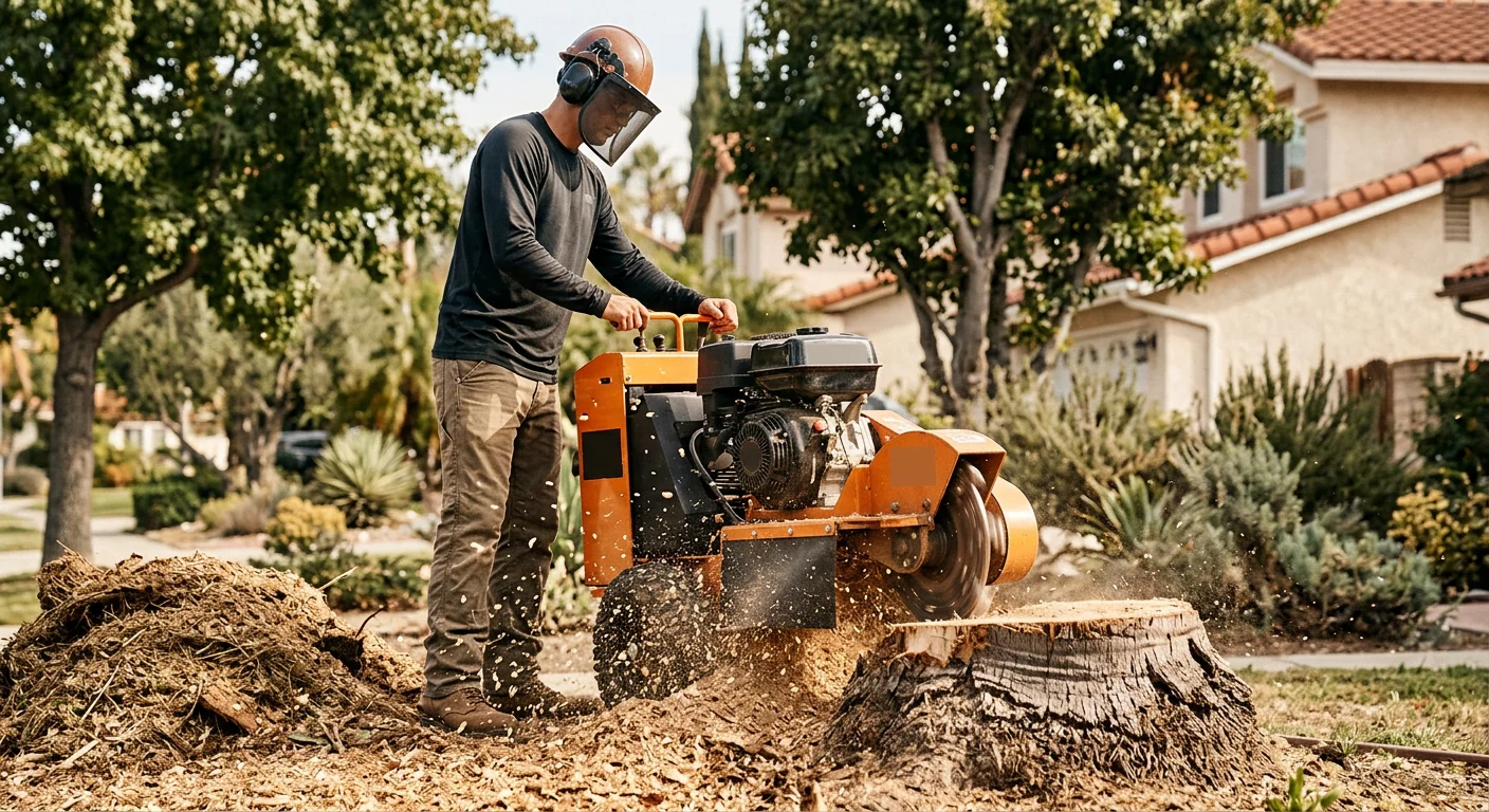 Stump grinder actively cutting into a fibrous palm stump with flying debris