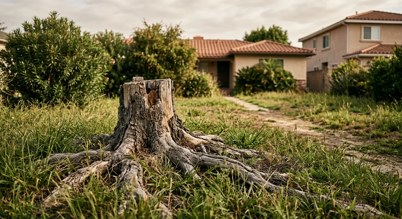 Decayed backyard stump with surface roots before stump grinding service begins
