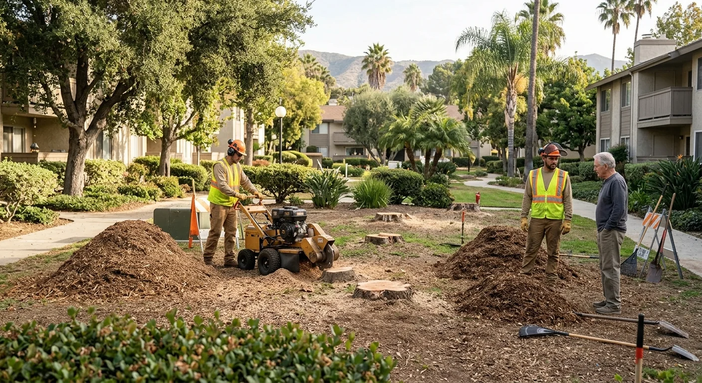 Shared residential grounds with multiple ground stump locations and gathered mulch