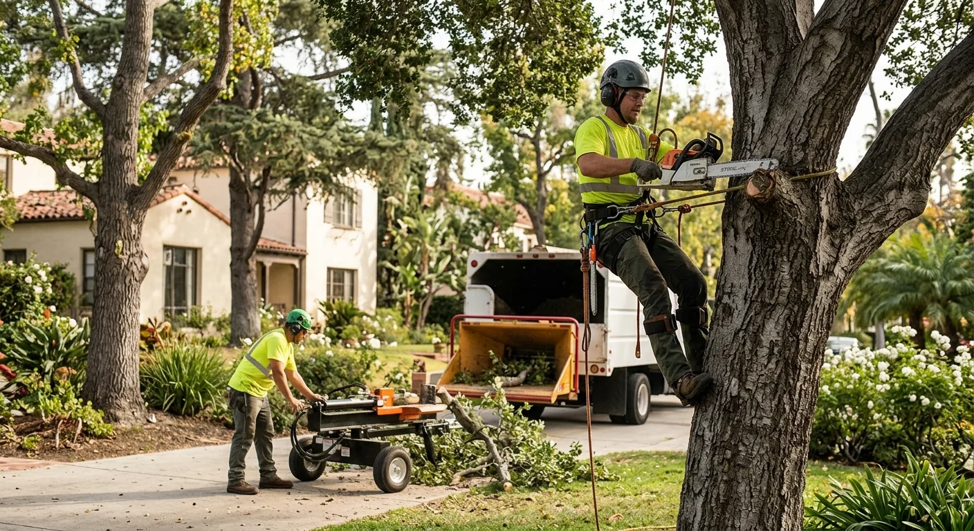 Arborist installing steel support cable in a mature Glendale shade tree