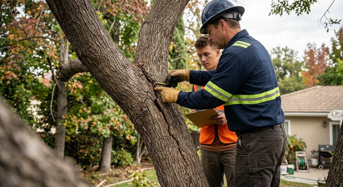 Close view of a splitting branch union on a mature Glendale tree