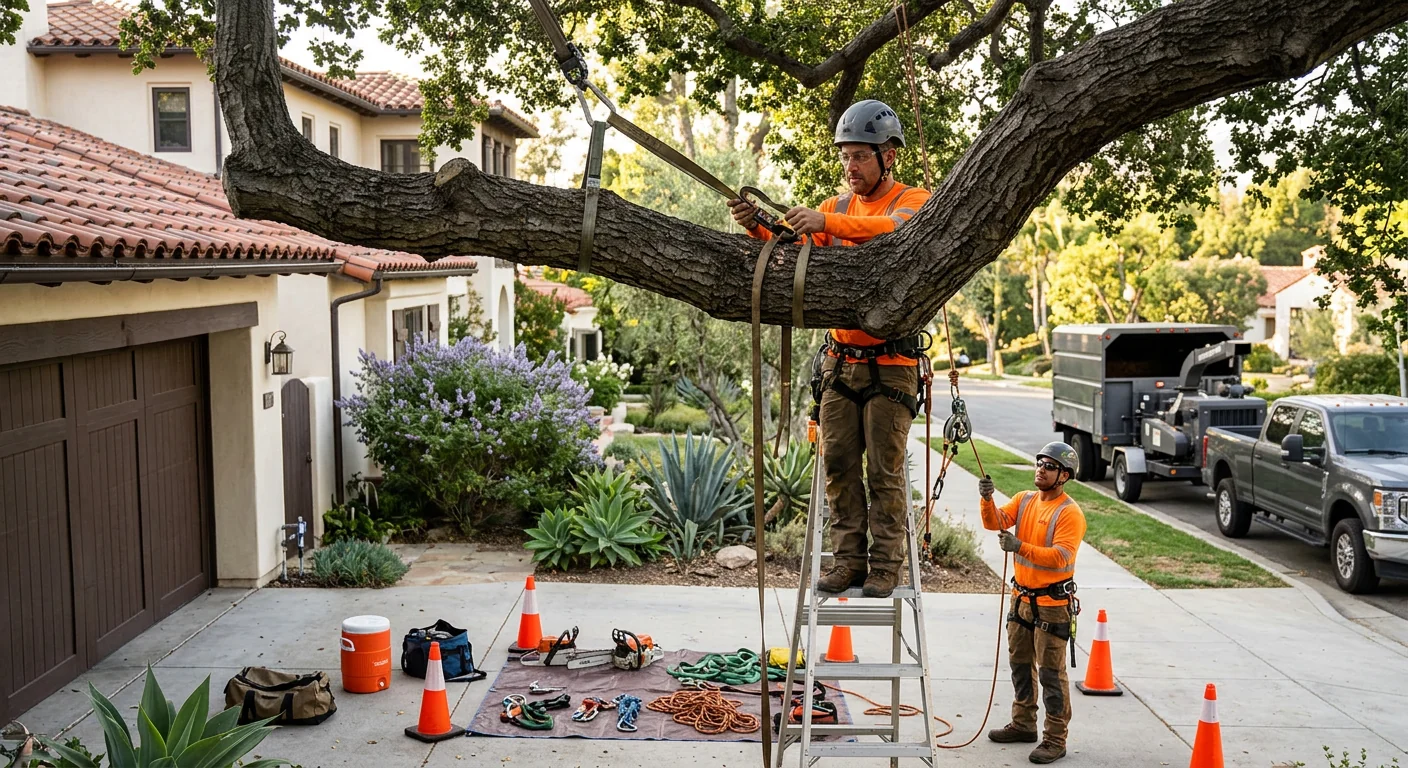 Leaning heavy limb overhanging a Glendale home roof needing support