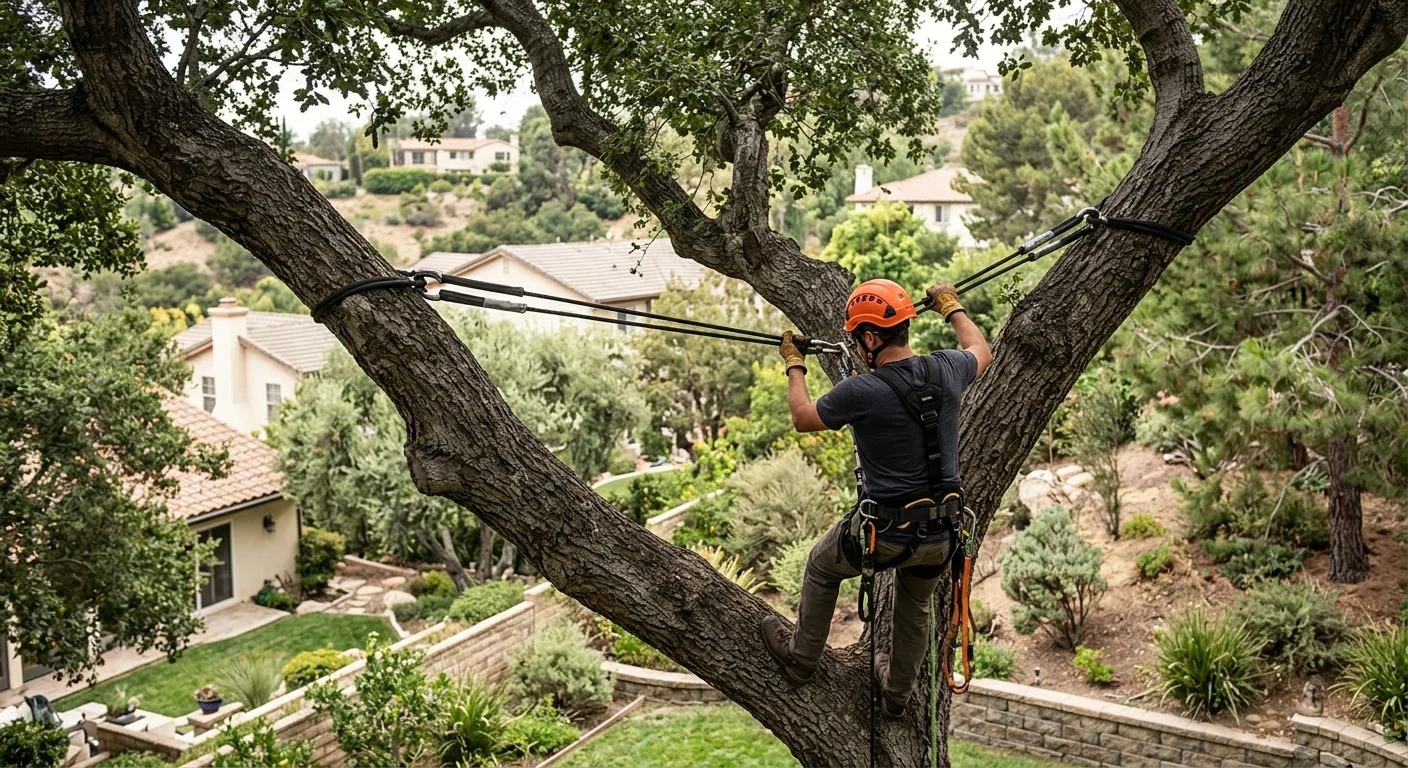 Arborist installing a dynamic cable between two limbs of a hillside oak