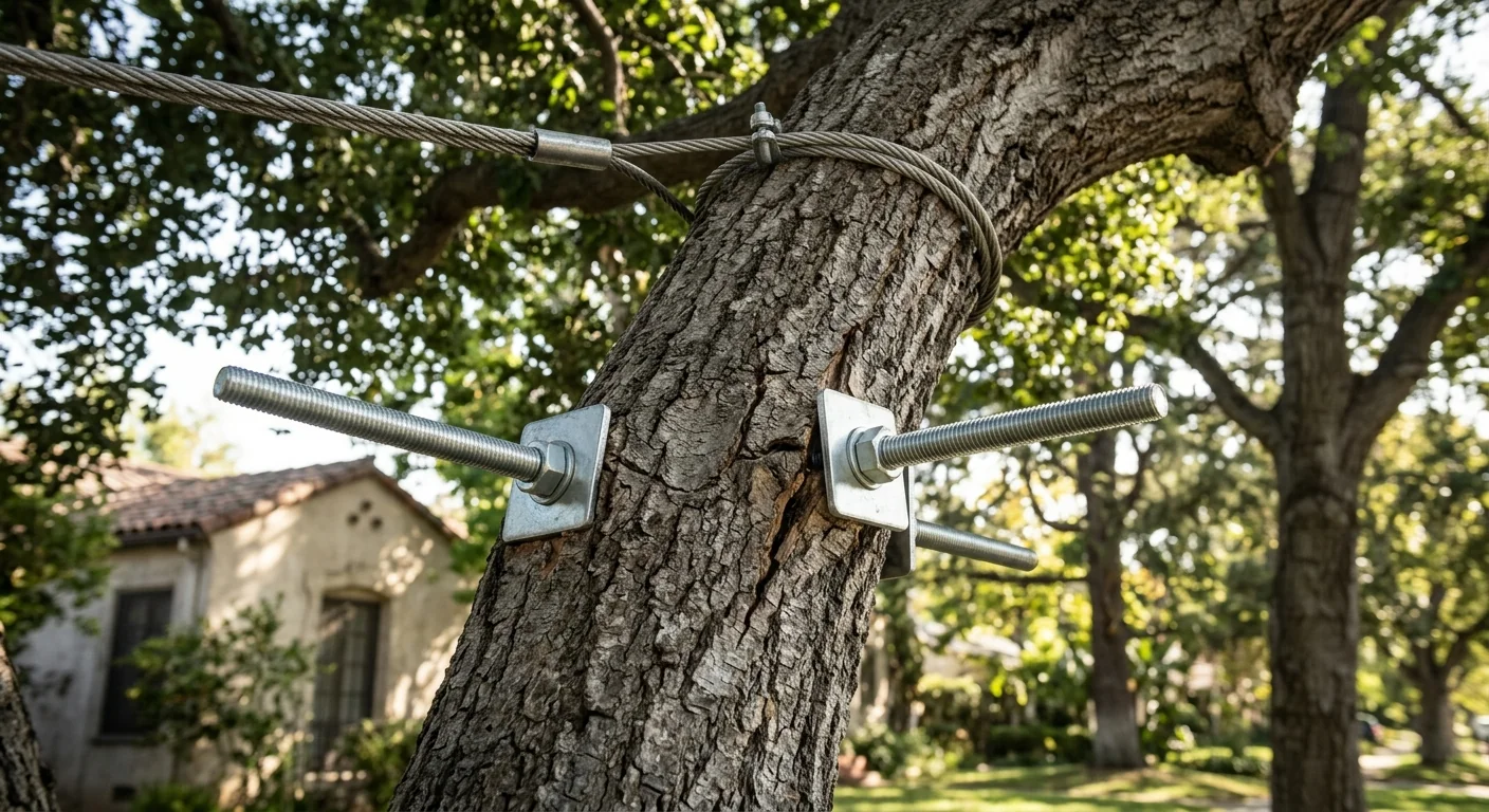 Close-up of a steel bracing rod securing a cracked sycamore trunk