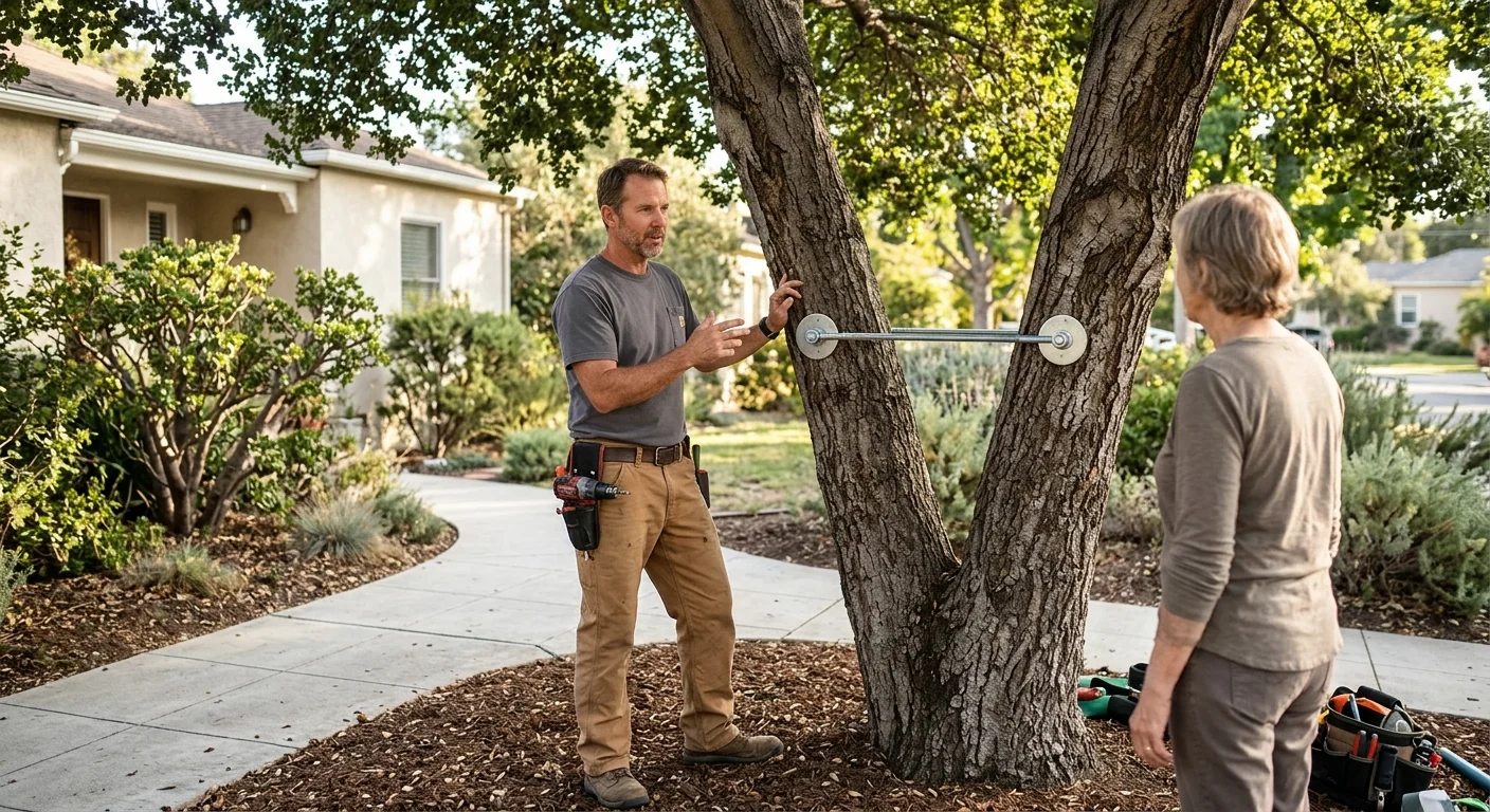 Bracing rod joining two codominant stems on a front-yard tree