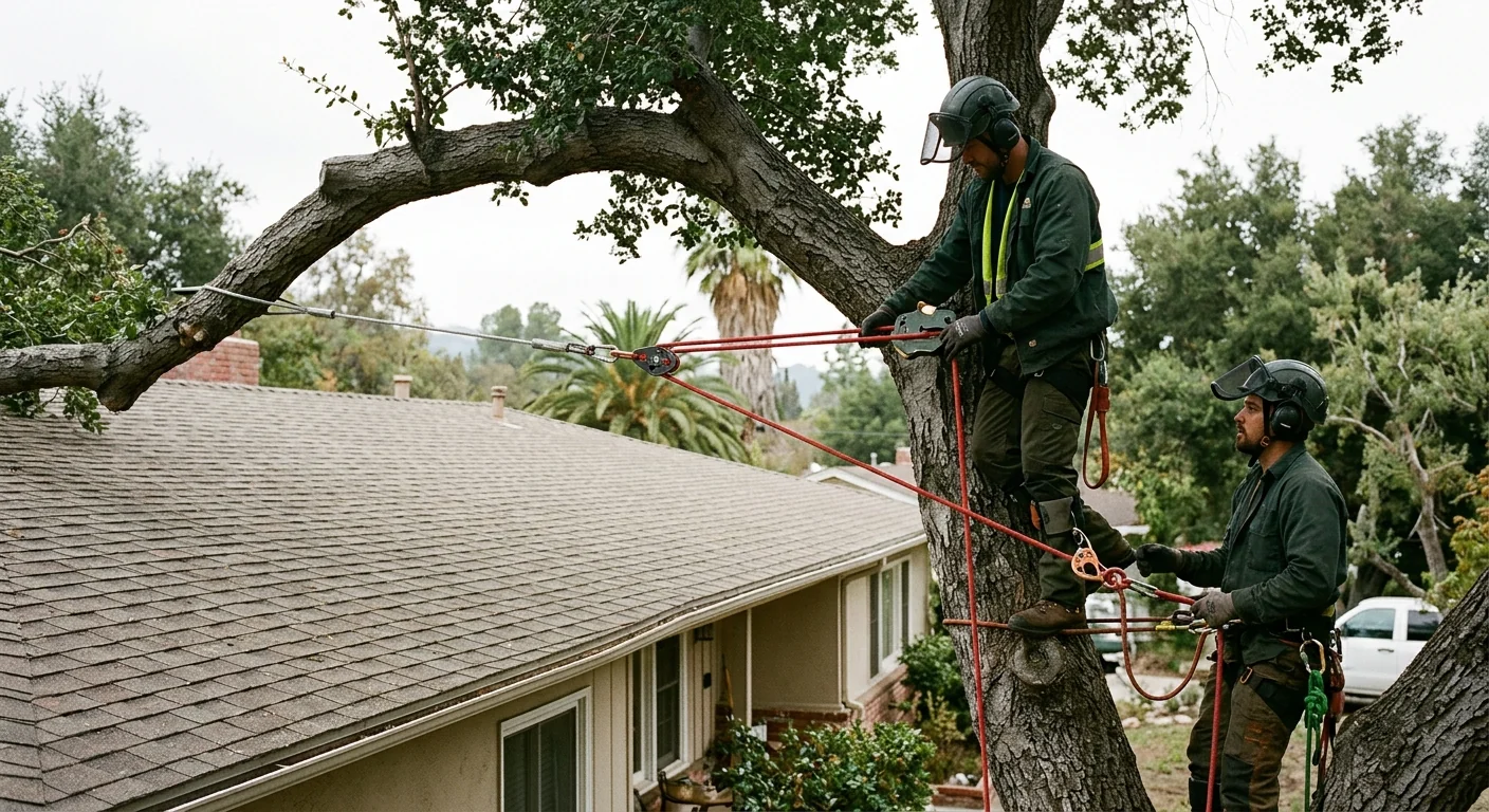 Static cable being tensioned on a storm-strained limb near a rooftop