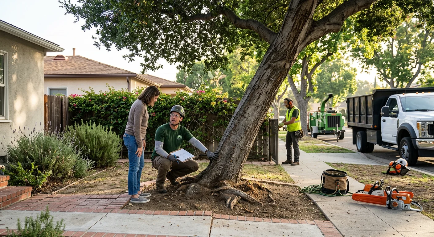 Leaning backyard tree inspected for stability before cabling and bracing