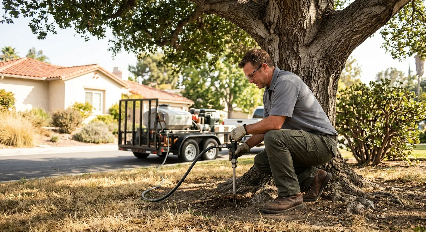 Technician injecting deep-root fertilizer around a mature oak in a Glendale yard