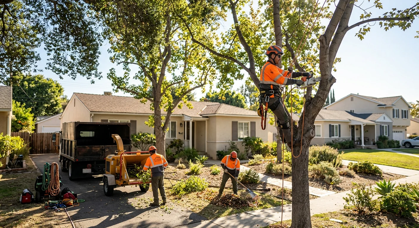 Wide shot of a thinned tree canopy allowing light through a residential lot
