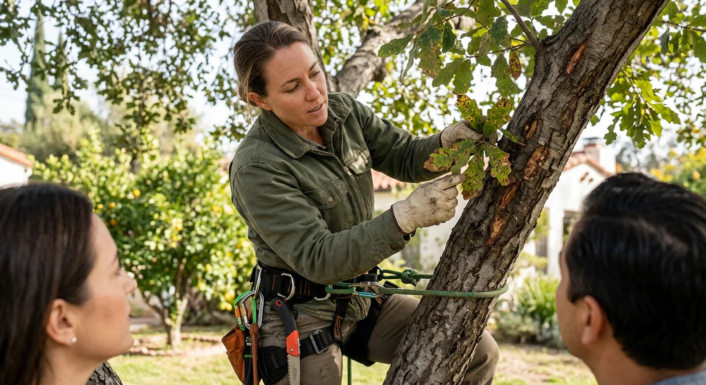 Close-up of arborist inspecting leaf discoloration and bark on a stressed tree