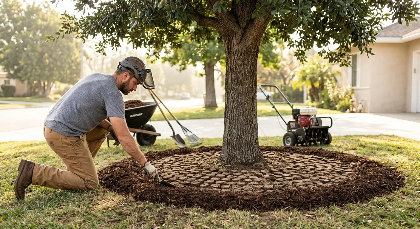 Fresh mulch ring and aerated soil around the base of a mature tree