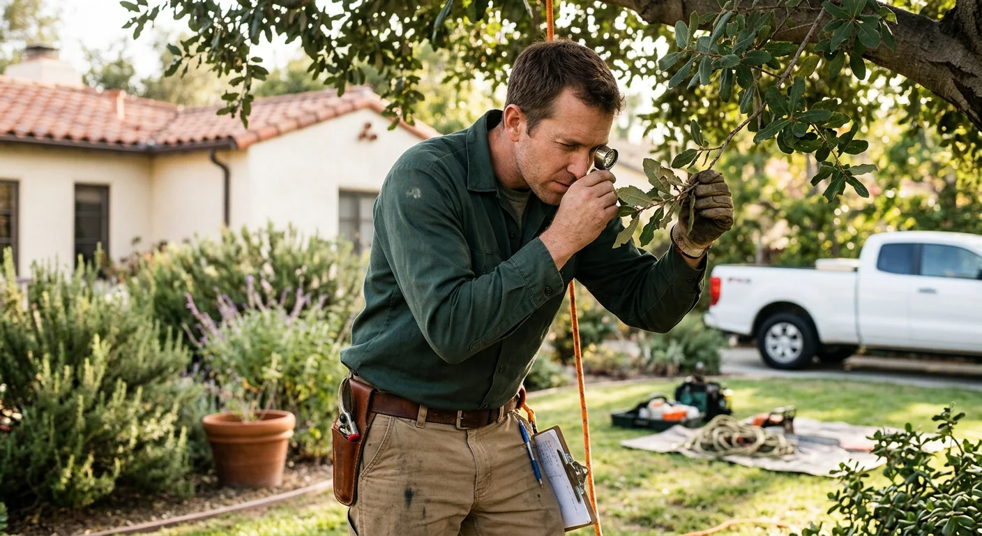 Arborist examining branches for pest activity during a maintenance visit