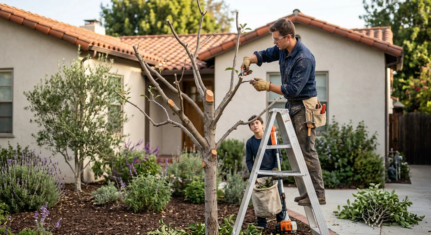 Newly pruned young tree with balanced branch structure in a front yard