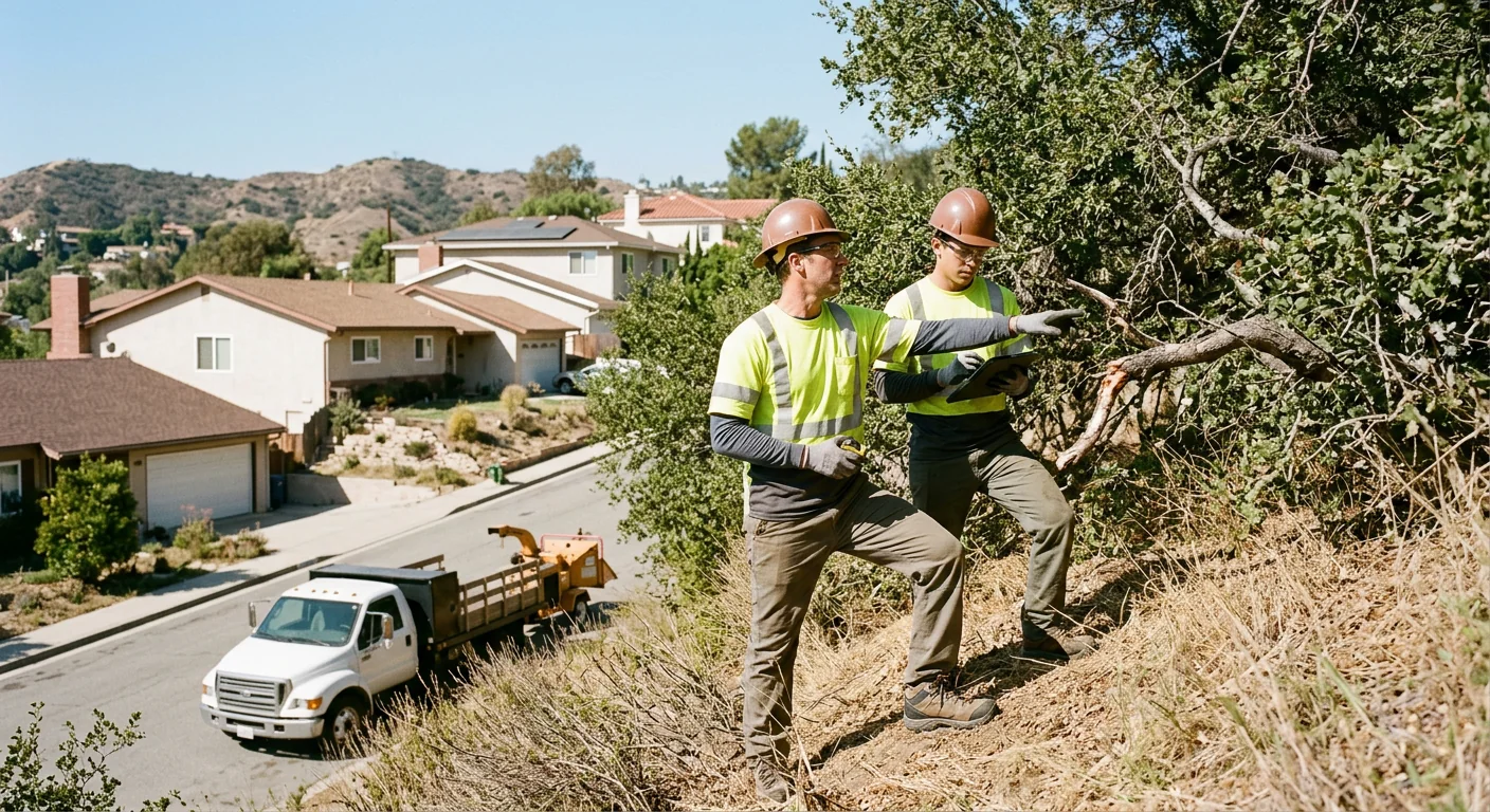 Crew assessing trees on a sloped Glendale hillside property under clear skies