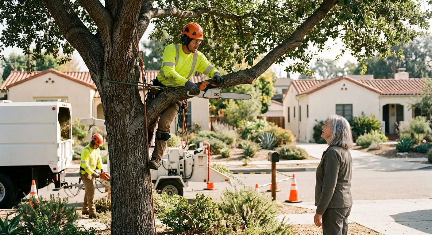 Homeowner and arborist reviewing new tree placement in a Glendale yard