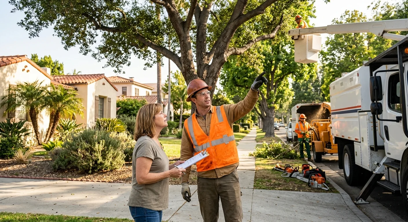 Arborist positioning a young tree root ball in a Glendale backyard planting site