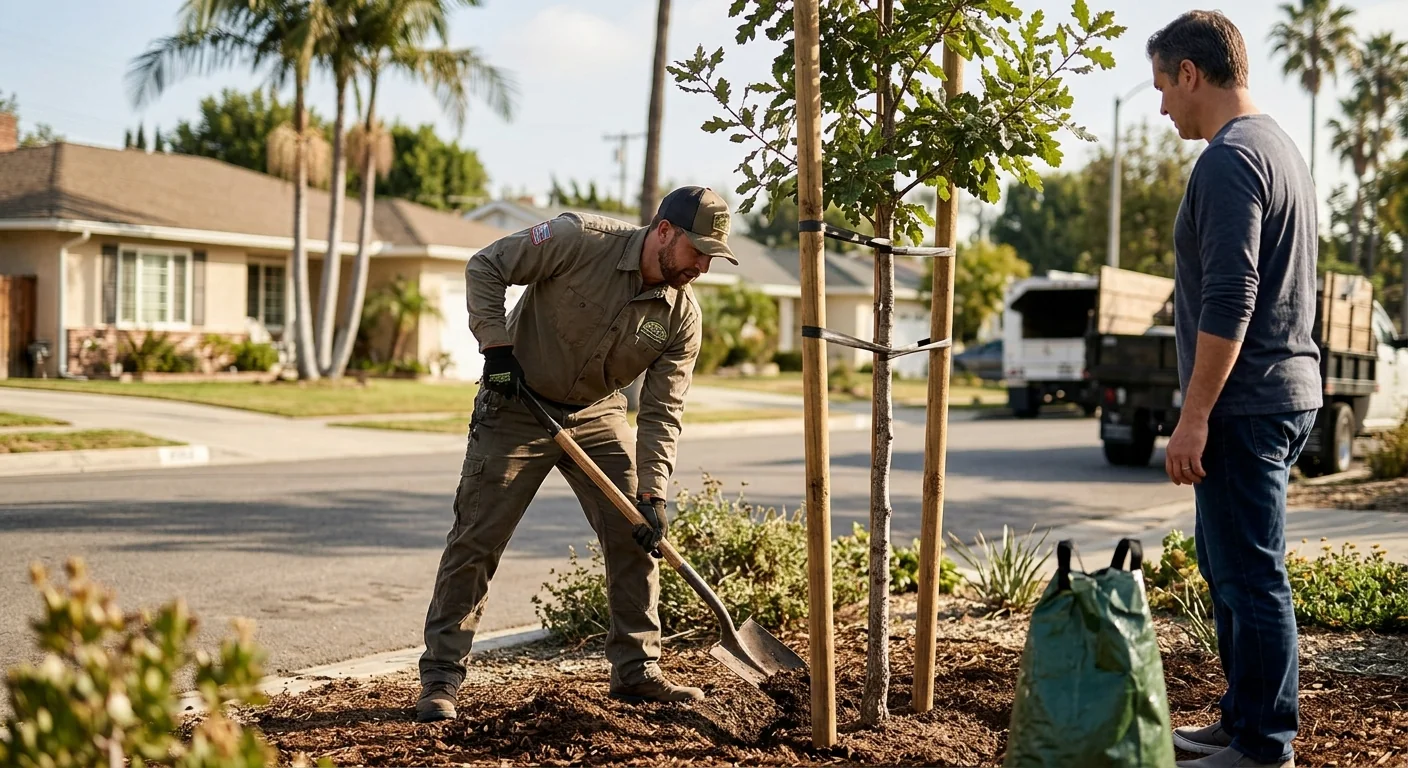 Newly planted shade tree staked in a Glendale front yard landscape