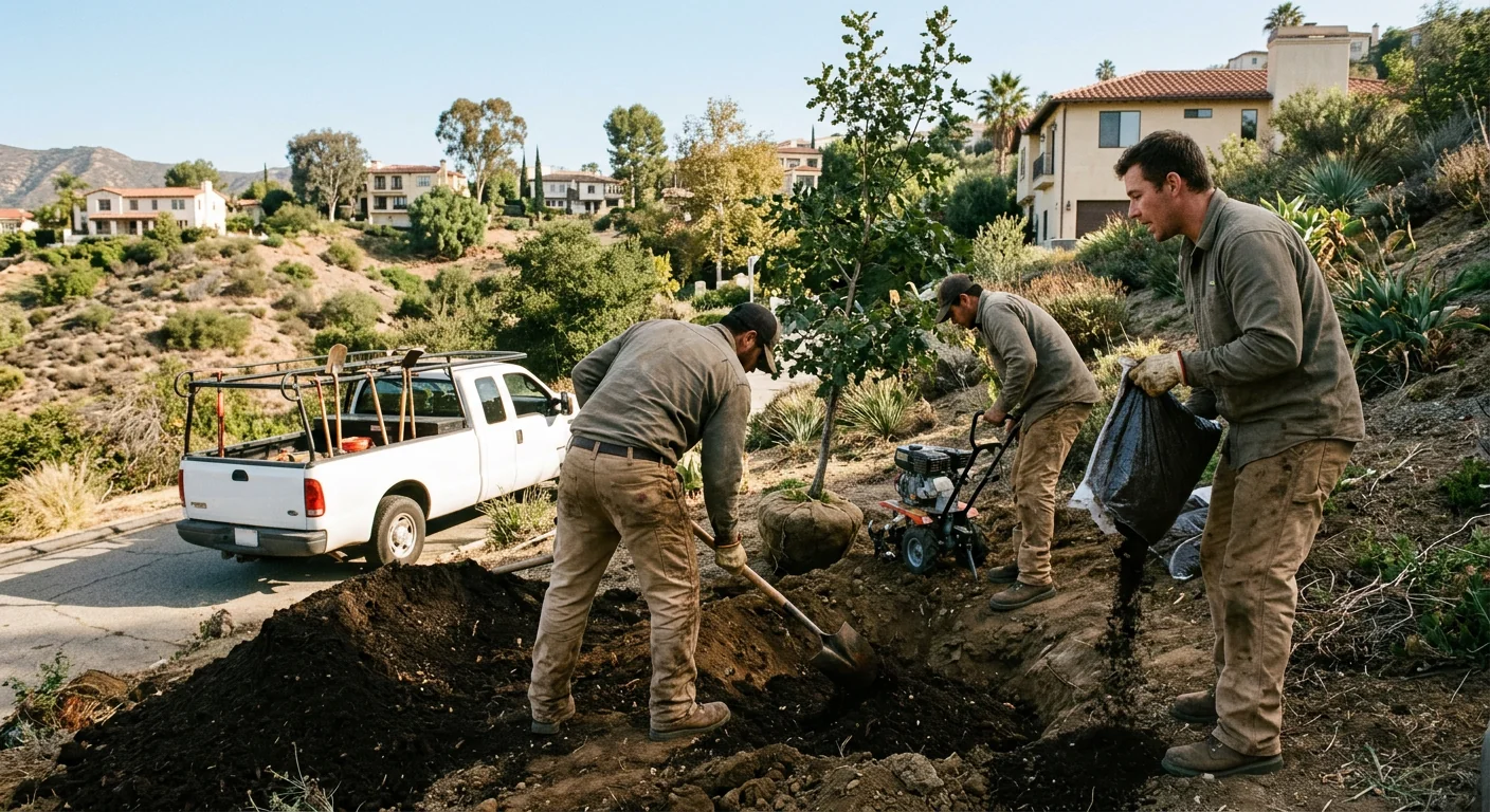 Crew amending clay soil for tree planting on a Glendale hillside lot