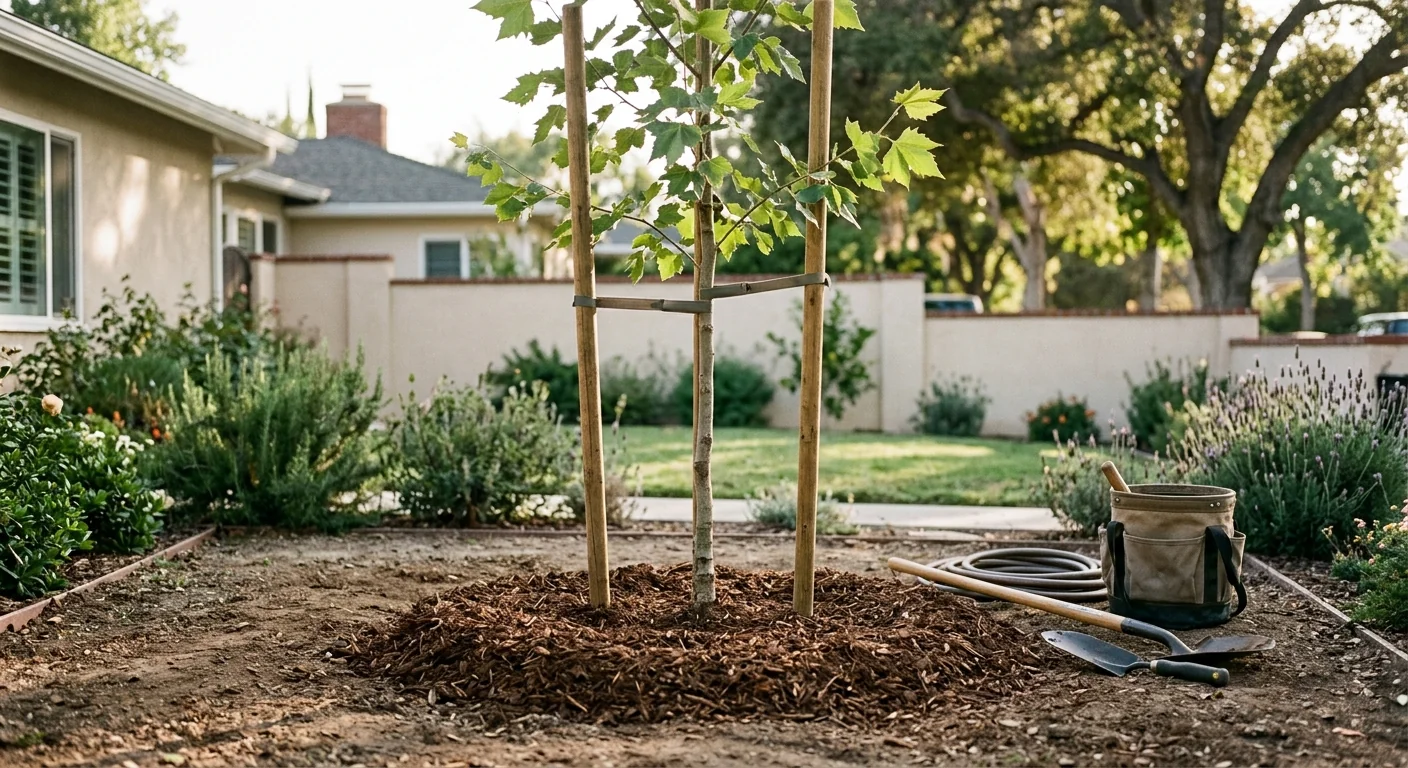 Newly planted shade tree with mulch ring beside a Glendale backyard patio