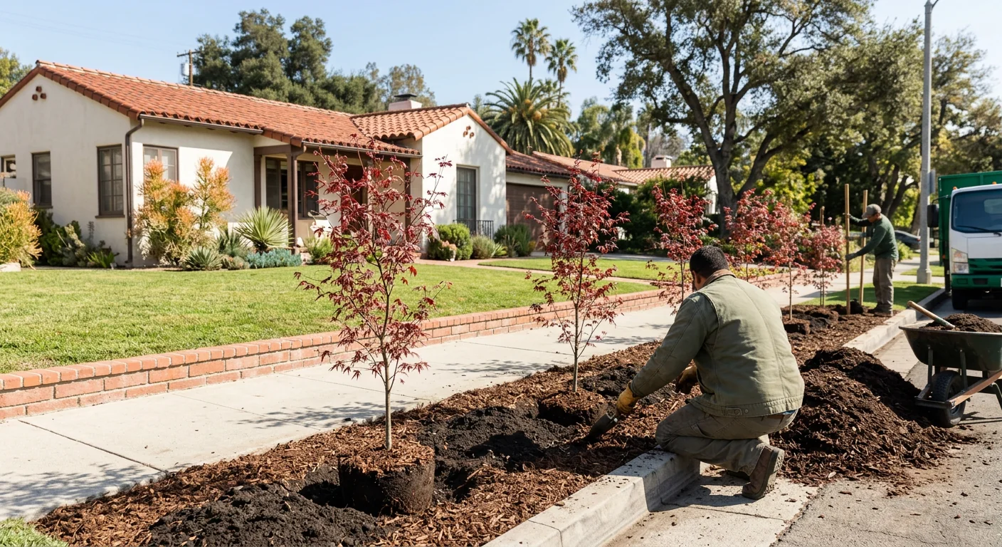 Row of young ornamental trees evenly spaced along a Glendale front yard