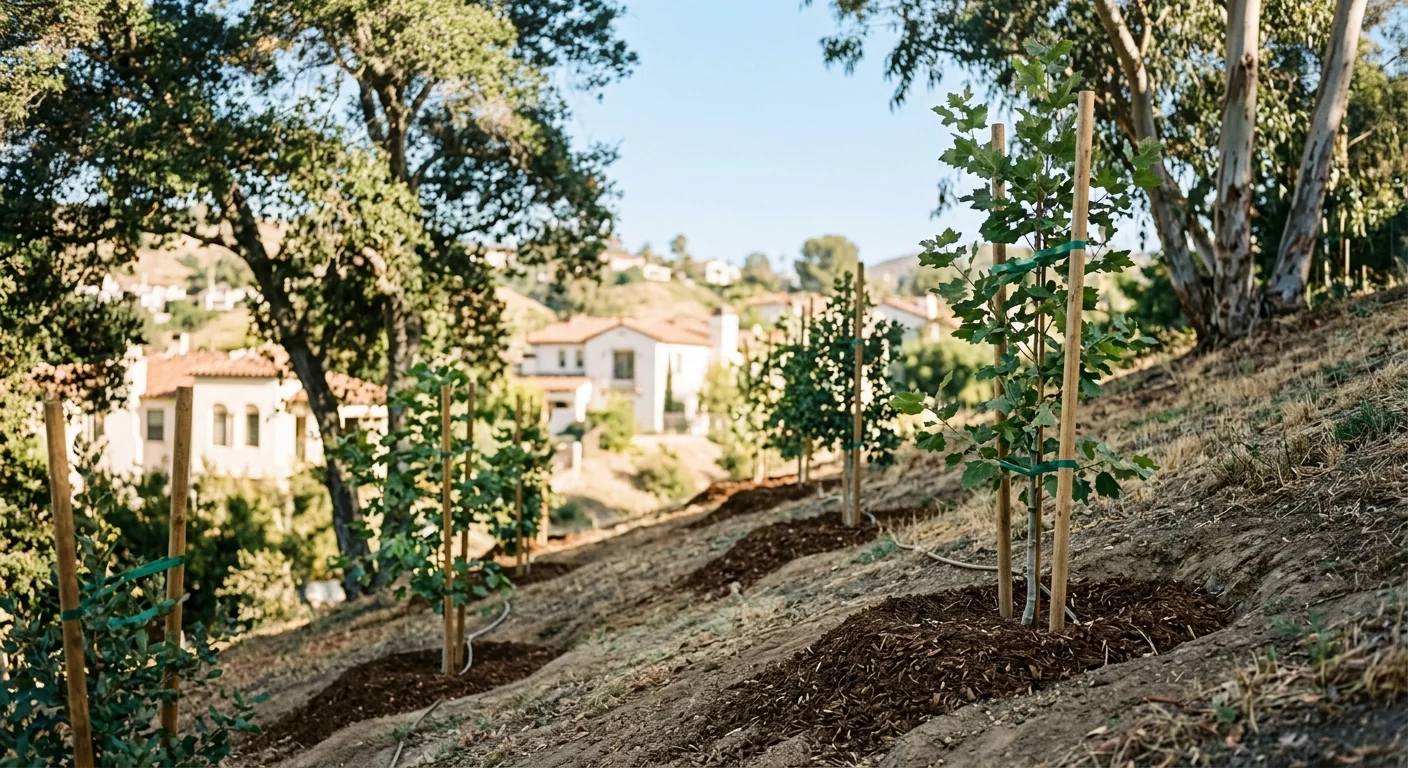 Young trees planted on a landscaped slope with mulch for erosion control