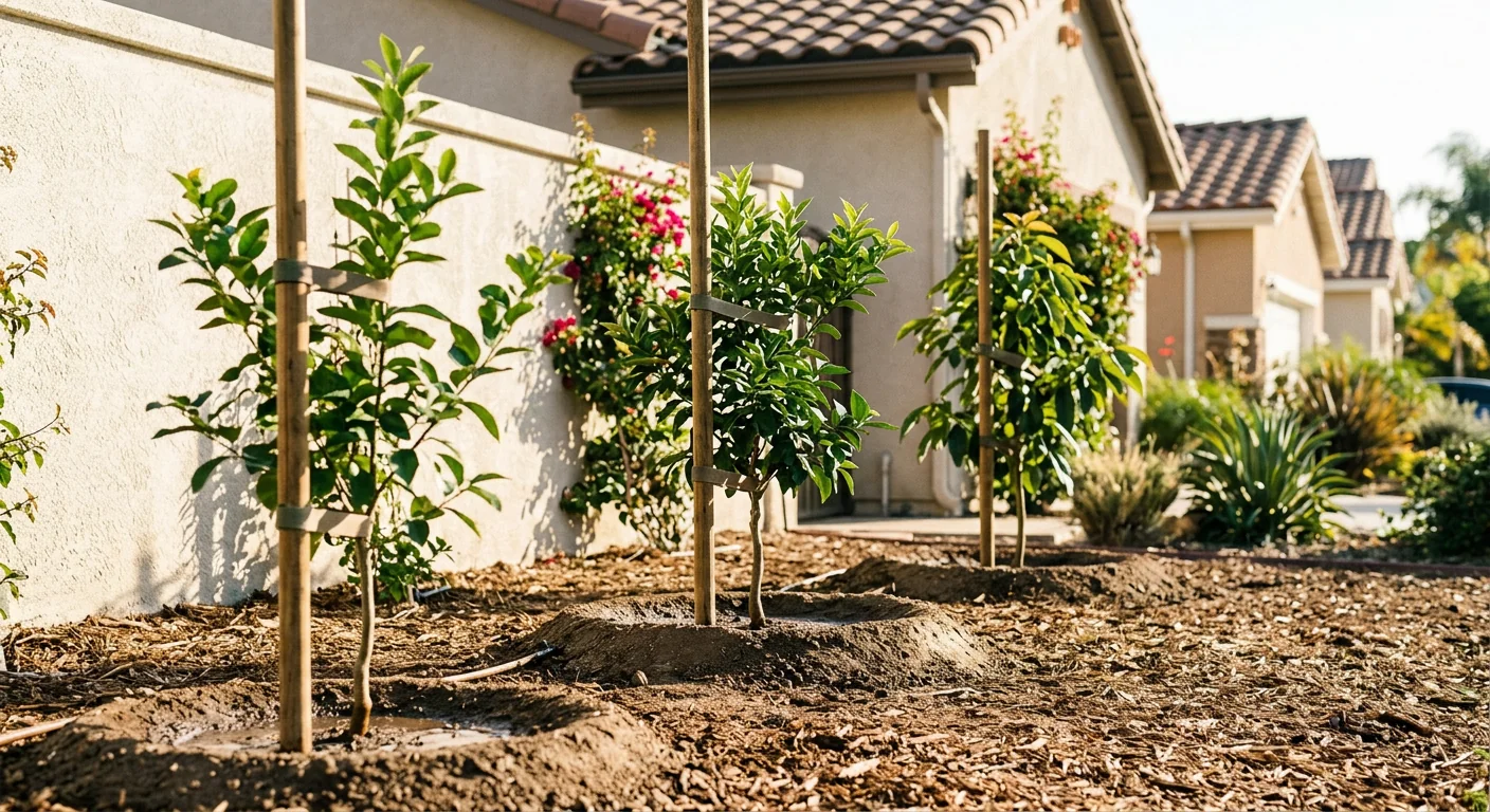 Cluster of newly planted fruit trees with watering basins in a side yard