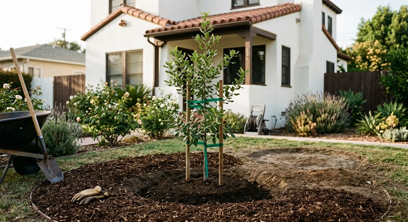 Freshly planted replacement tree where an older tree was previously removed