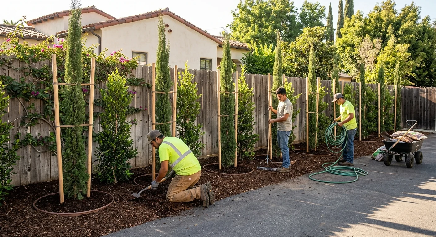 Staggered screening trees planted along a shared Glendale property boundary