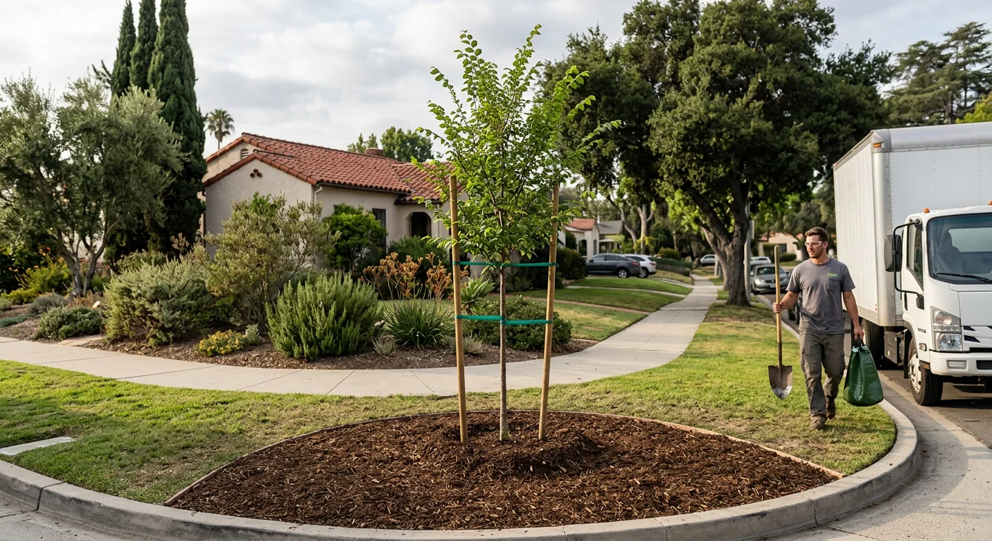 Single feature tree planted as a focal point on a corner lot