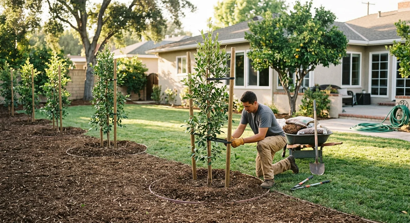 Backyard refreshed with several newly planted young trees in one visit
