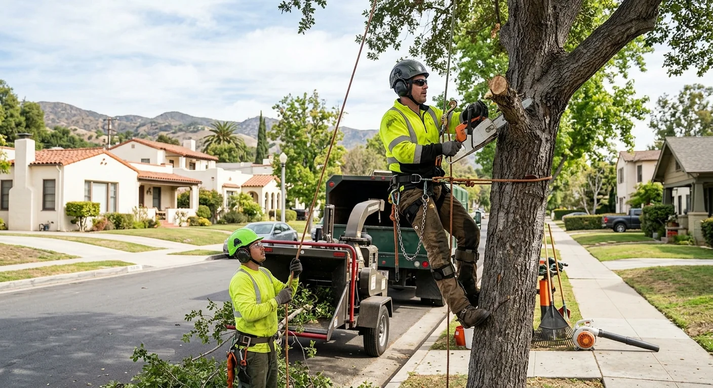 Arborist pruning a residential shade tree in a Glendale backyard