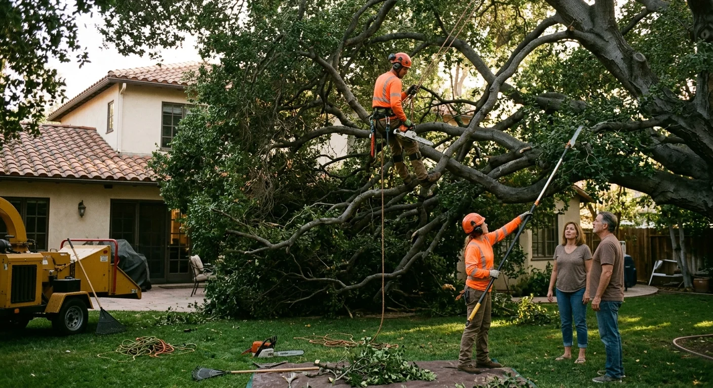 Overgrown canopy with crossing limbs before pruning on a Glendale property
