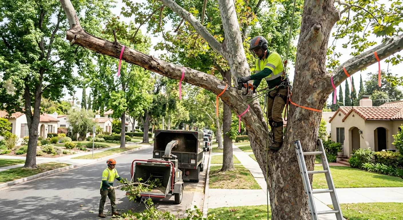 Dead branches marked for removal on a mature tree in Glendale