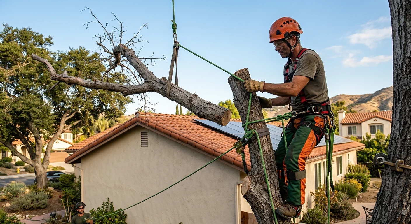 Dead branches removed along a residential roofline to reduce wind risk