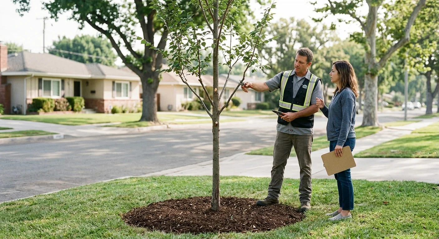 Young front-yard shade trees shaped with structural pruning for stronger growth