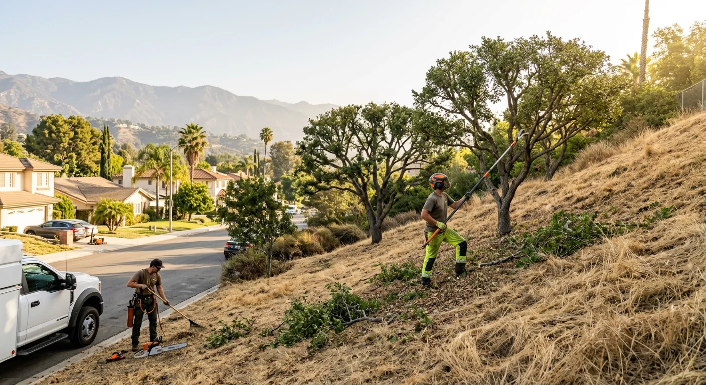Trees pruned on a sloped hillside lot with balanced canopies