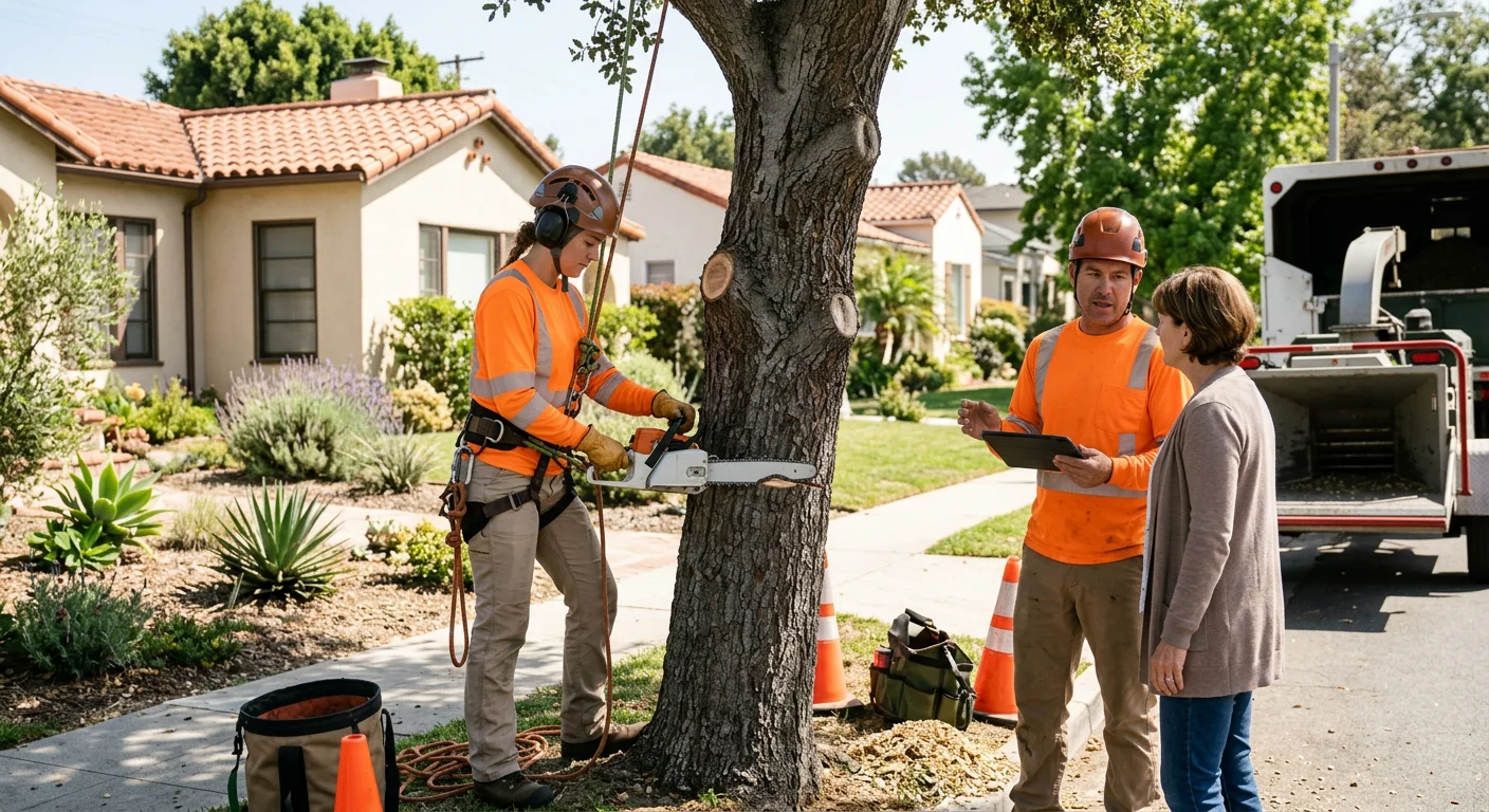 Arborist measuring a large trunk before tree removal on a Glendale property