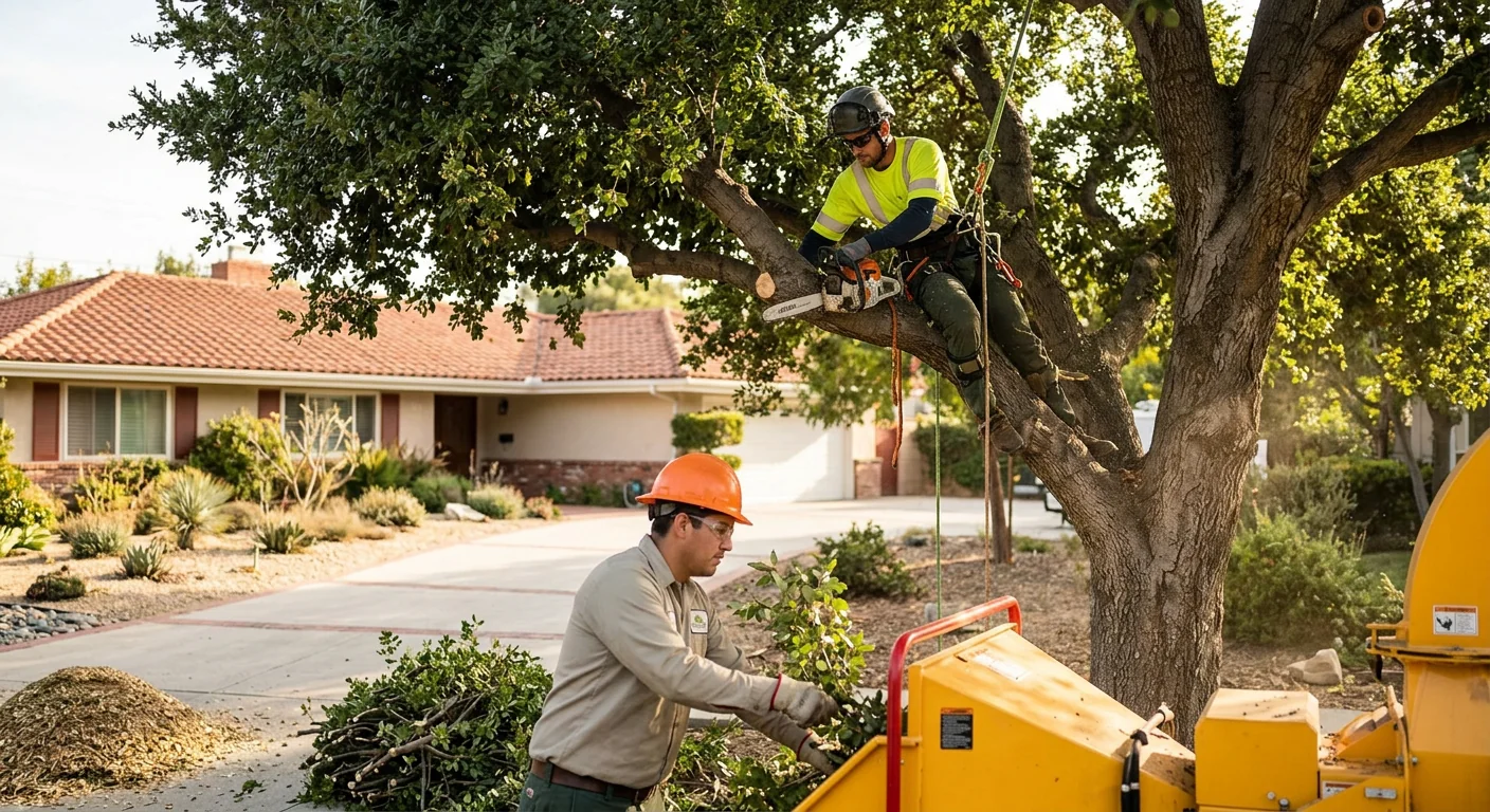 Tree removal crew sectioning a large trunk in a Glendale backyard