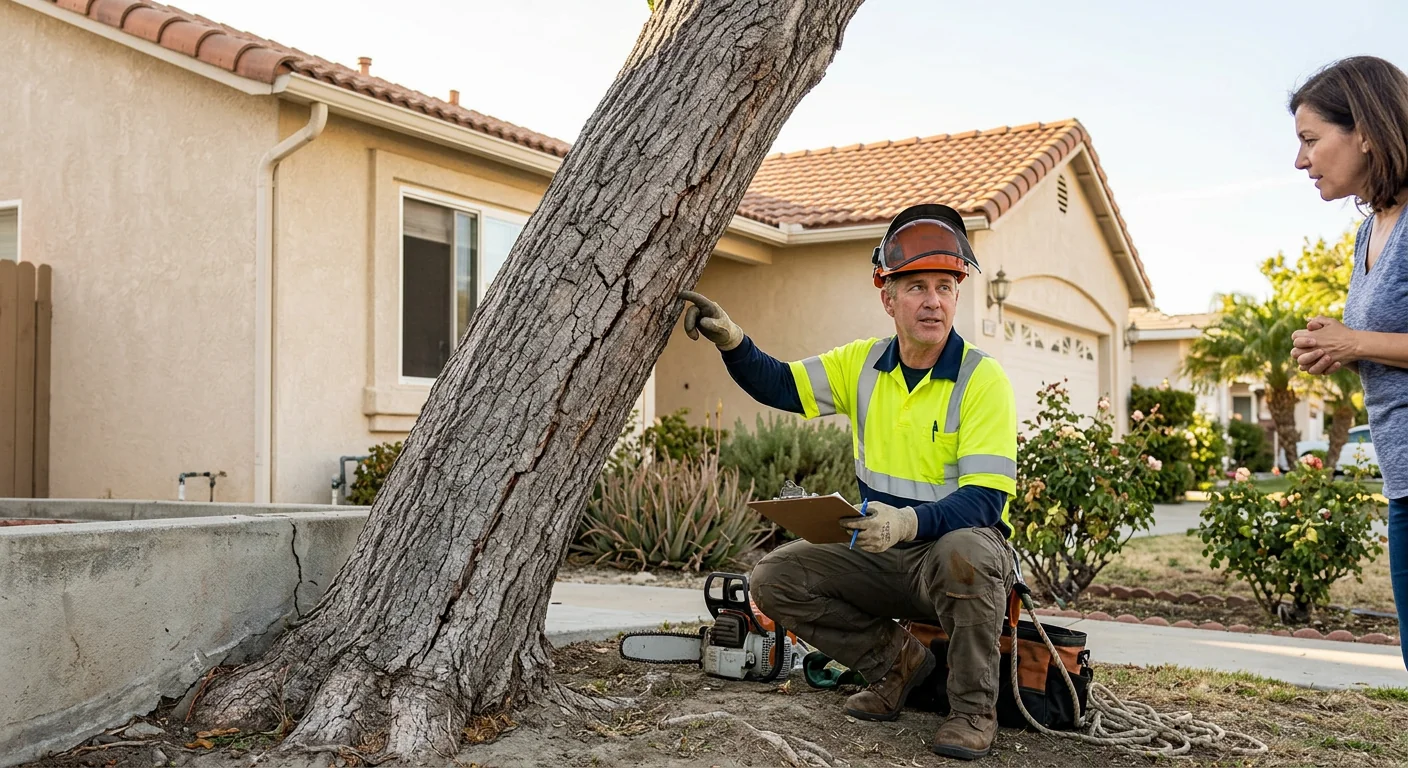 Leaning tree with cracked bark near a Glendale home foundation