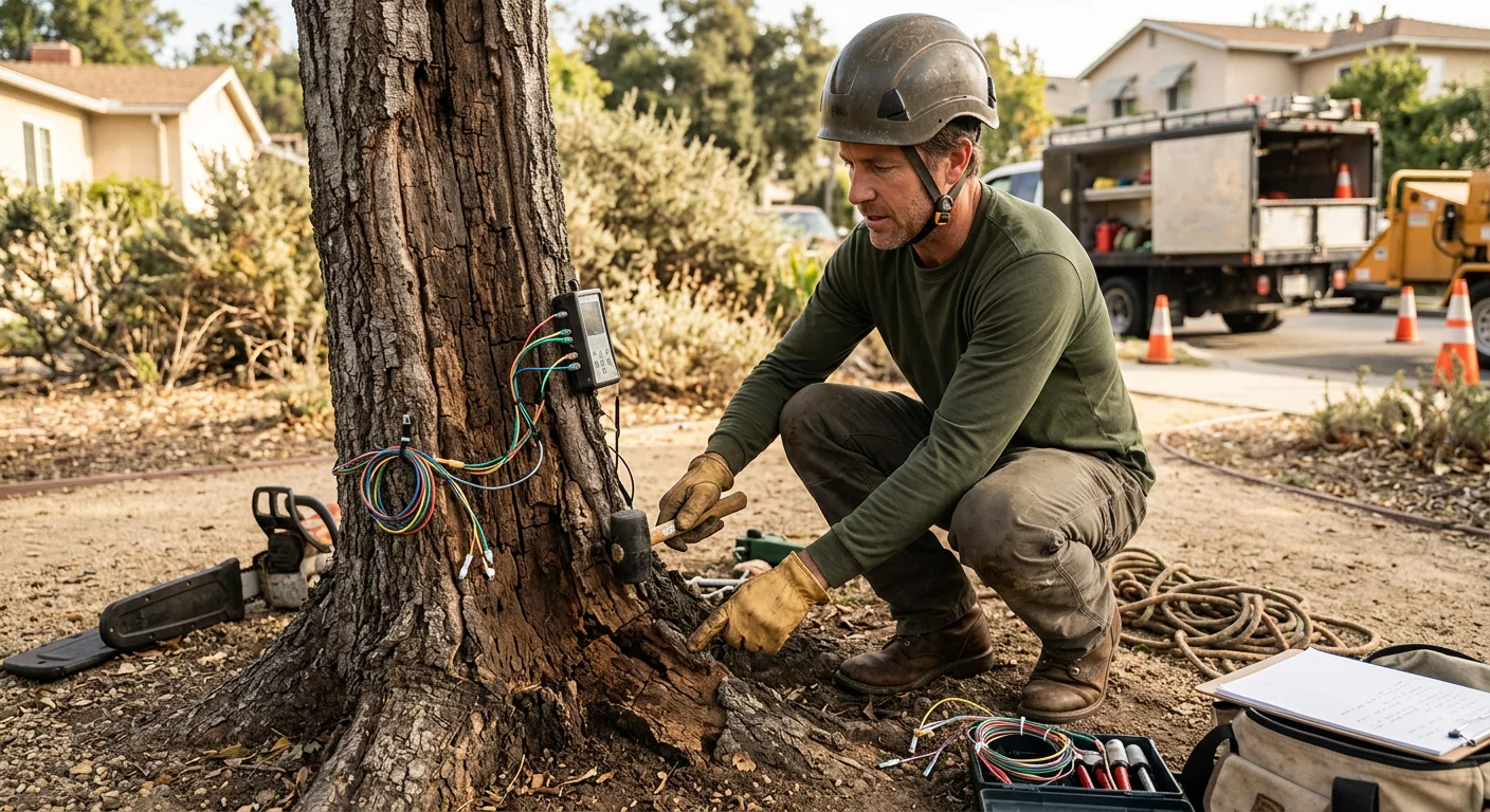 Arborist inspecting decayed trunk and root collar before removal