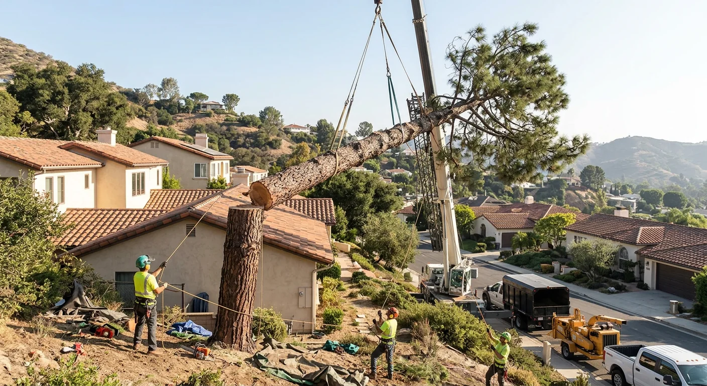 Crane lifting a large pine section away from a hillside home roofline in Glendale