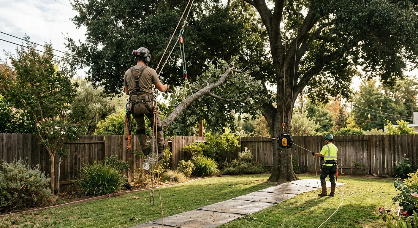 Arborist rigging and lowering an oak limb section in a fenced Glendale backyard