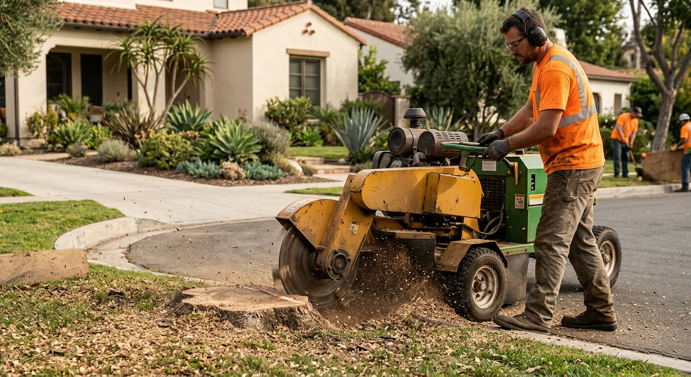 Stump grinder finishing a curbside tree removal on a quiet Glendale street
