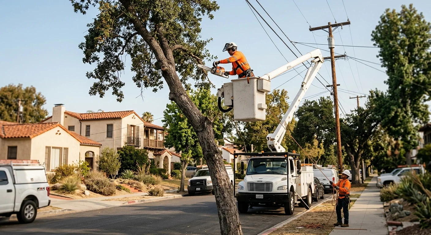 Arborist carefully lowering limbs from a leaning tree positioned near overhead utility lines