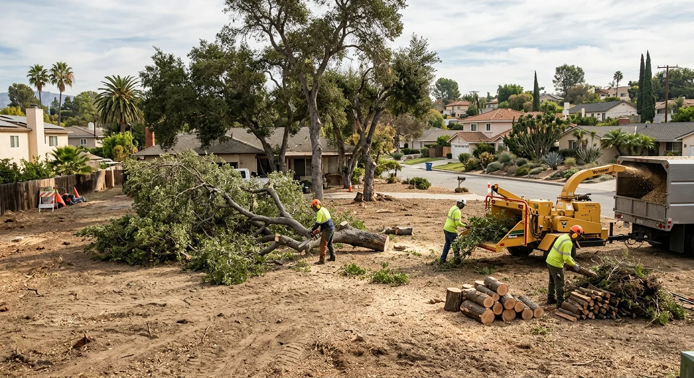 Crew removing several trees across an open residential lot with a chipper running